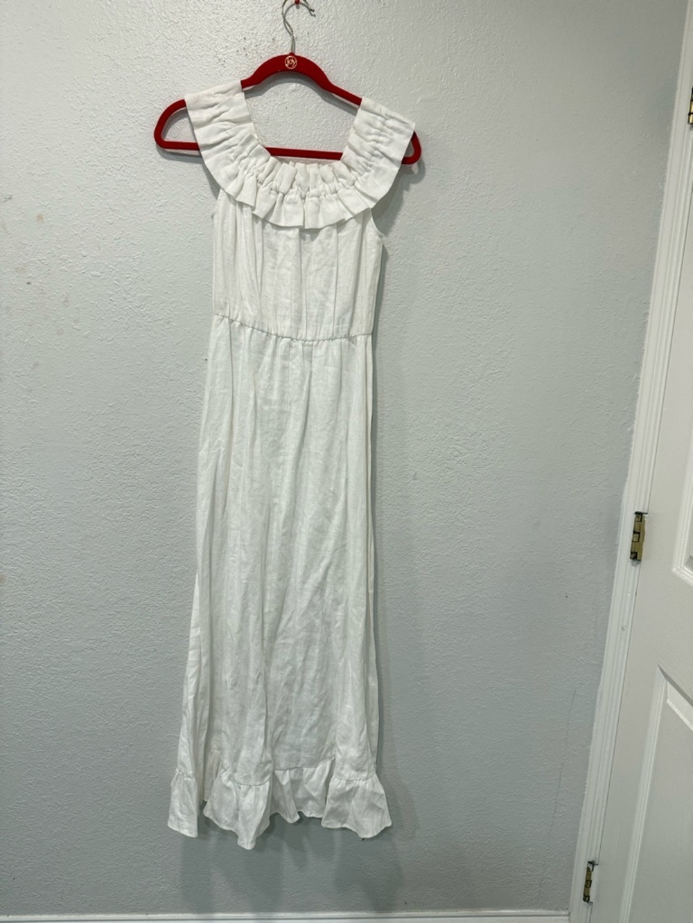 Reformation White Linen Midi Dress Ruffle Neck Sleeveless Cottagecore Summer sm